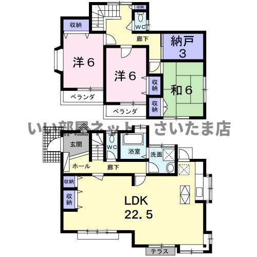 22.5帖のＬＤＫのある３ＬＤＫ＋Ｓ（納戸）の物件です。２階廊下部分に屋根裏収納庫がございます。