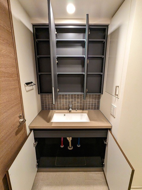 ザ・パークハビオ根岸三丁目の設備|三面鏡付トイレと独立した洗面台です。
洗濯機置場のお手入れ楽な足高の防水パンに排水口を手前中央に配置