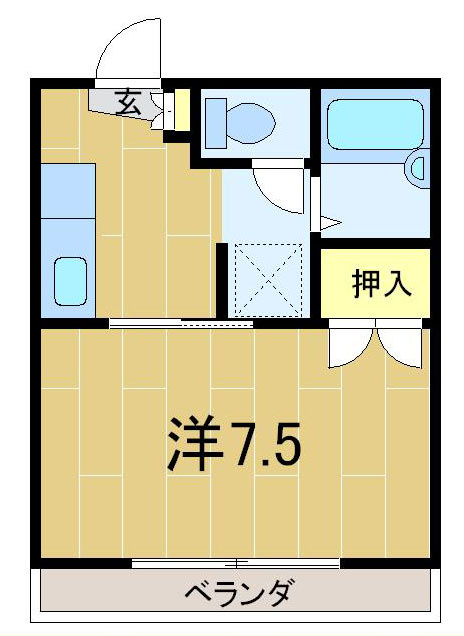 ルイシャトレの間取り|7.5帖の洋室がある1Kです。
