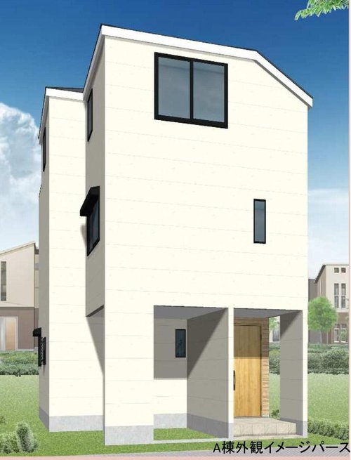 保土ケ谷区釜台町35-25全２棟新築戸建ての外観パース|リビングが2階に設けられた3階建てのお住まいです。