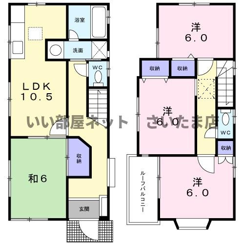 ４ＬＤＫタイプの間取りです。和室とＬＤＫをつなげて使用することもできます。２階は６帖の洋室が３部屋あるので、主寝室とお子様の子供部屋、趣味の部屋でご利用もいただけます。