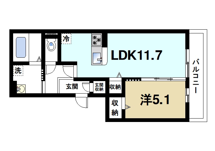 ルーエ（大安寺）の間取り|ゆったりと暮らせる1LDKの間取りです。