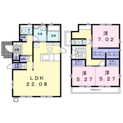 １Ｆは２２帖の広々ＬＤＫ。２Ｆの南側のお部屋はご家族構成に合わせて２部屋に仕切ることが可能（別途工事要）です。