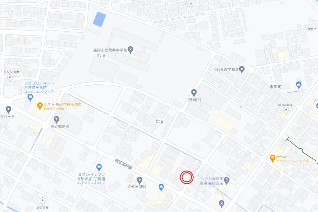 高砂市荒井町御旅2丁目　土地の地図|山電「荒井駅」まで徒歩約12分ですので、通勤、通学に便利な立地です。