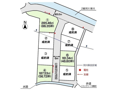 【区画図】 | 土地　金光町占見新田　グリーンハイツ　全8区画 | 分譲地区画図になります。
全８区画。団地内道路もスッキリと6ｍで整備され、ゆとりのある分譲地となっています。