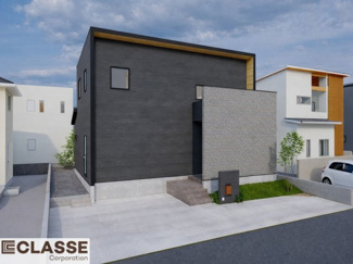 【外観パース】 | 木津川市城山台11丁目　売土地　建築条件付き | お客様のお好みに合わせて、外観デザインも一緒に作り上げていきます。「ひと目で分かるアトリエの家」をコンセプトに、木・金属・吹抜けを組み合わせ”あなたらしさ”を表現できる外観づくりが可能です。