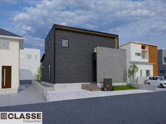 【外観パース】 | 木津川市城山台11丁目　売土地　建築条件付き | アトリエ仕様の窓はペアガラス、サッシはアルミ×樹脂複合のハイブリットサッシを採用。ガラスの間には断熱性の高いアルゴンガスを充填しておりますので、より断熱性能が高まる仕様になっております。