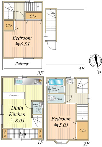 延床面積55.88㎡、3階建、2DK、屋上付