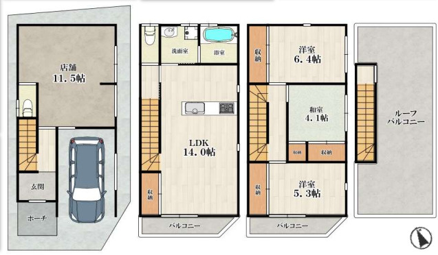 大阪市住之江区御崎４丁目の店付住宅の間取り
