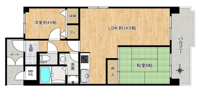 【間取り】 | 朝日プラザ北田辺 | 最上階！三方角住戸！【2LDK＋東向きバルコニー☆】玄関ポーチ付き♪室内リフォーム済み☆食洗機・TVモニターホン・室内洗濯機置き場完備☆眺望・通風良好です☆