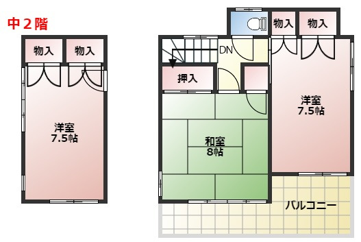 中2階のあるゆったり４LDKの間取り|中２階に洋室一部屋、２階に２部屋と大きなバルコニー付き