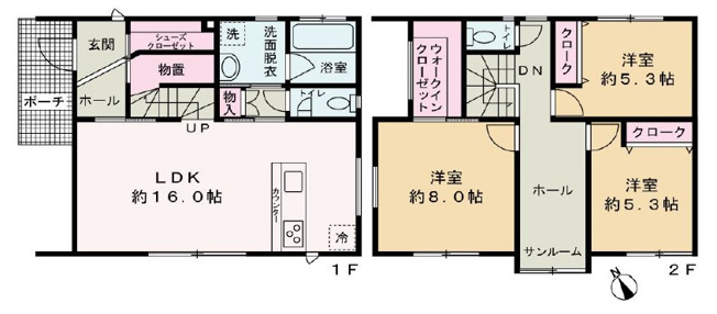 【間取り】 | 【新築分譲住宅】 山形市吉原南　☆全1棟☆ | (1号棟)、価格3180万円、3LDK、土地面積210.6m2、建物面積96.88m2