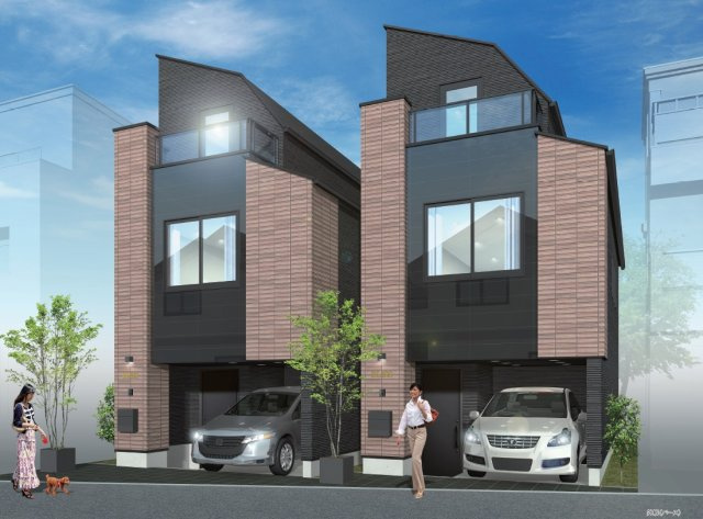 【外観パース】 | 新宿区高田馬場３丁目　建物提案型売地 | ＼建物提案型(セミオーダー対応)の売地、高田馬場に誕生／
公園に面した全２区画、設計士とご相談の上建築が可能です♪♪