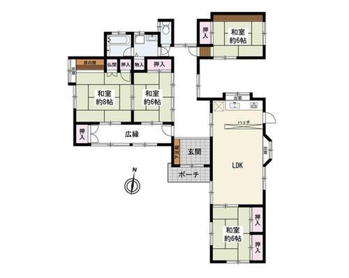 泉佐野市中庄　中古戸建の間取り|建坪約36坪のゆとりの大きさ♪　南向きの和室続き間には縁側もあり日当り良好です♪