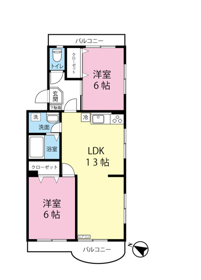 【間取り】 | リバーハイツ麻生 | カップルさんやファミリーさんにもオススメの2LDKタイプ！なんと言っても角部屋・二面採光なのが嬉しい♪