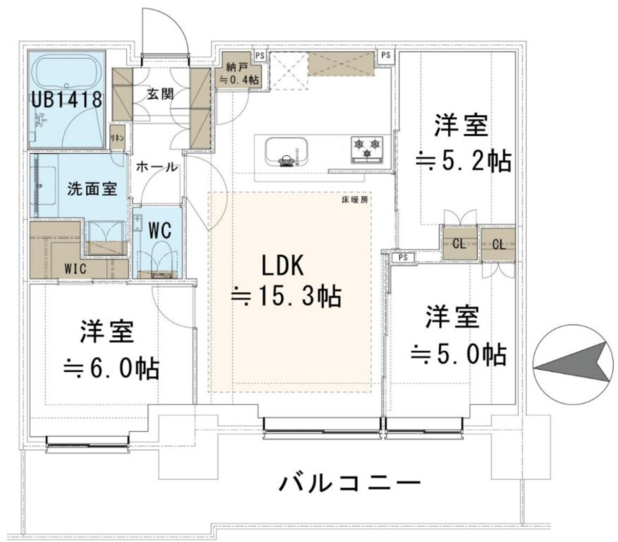 【間取り】 | 品川イーストシティタワー | 3LDK+WIC+パントリー　価格9,350万円　専有面積67.44㎡　バルコニー16.52㎡