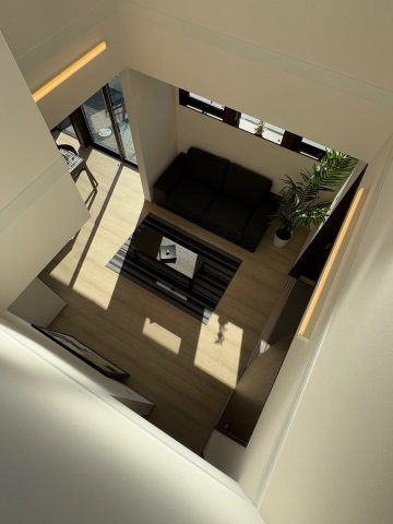 葛城市北花内　新築(全3区画）A号地 モデルハウスの居間・リビング|吹抜で解放感がありお洒落なリビング(^^♪