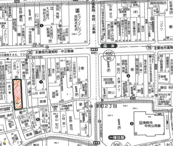 見附市本町２丁目の駐車場の地図
