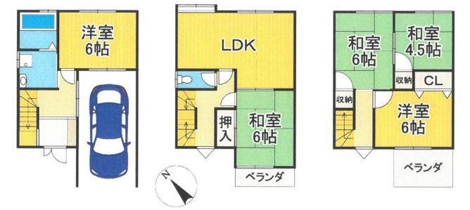 一庫　中古戸建の間取り|５LDK＋電動シャッター付き車庫付
土地面積　60.78㎡
建物面積　108.49㎡
是非自分好みにリフォームして理想のマイホームを実現してください☆