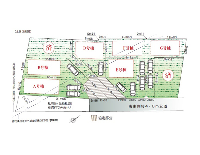 【区画図】 | 三鷹市井の頭　新築戸建 | 南西側約12ｍ・北東側約5ｍの空きを確保し、東南側にはお車2台分の空きとお庭スペースを確保！解放感が魅力の新邸誕生です♪♪