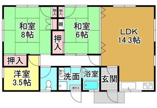 【間取り】 | 大津市南小松1878-3,1878-4　中古戸建 | 間取り　3LDK
LDK14.3帖　1階1部屋
和室6.0帖　1階1部屋
和室8.0帖　1階1部屋
洋室3.5帖　1階1部屋