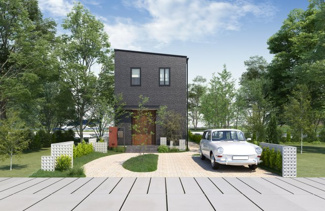 【外観パース】 | 規格型住宅ージブンハウスーAシリーズ：プラン名称：510（ゴーイチマル）
1階床面積 40.57m²　2階床面積 41.40m²　延べ床面積 81.97m²
建物価格：税込2,120万円