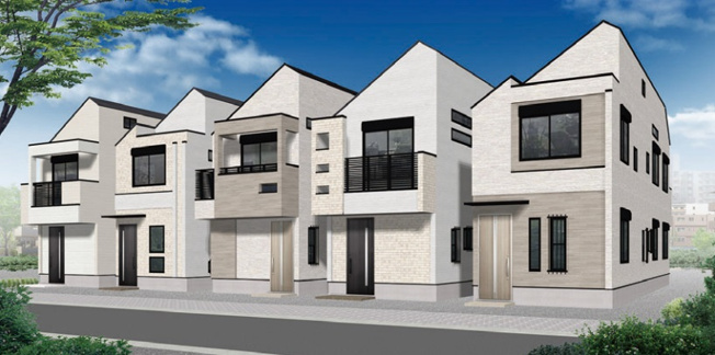 【外観パース】 | 杉並区宮前３丁目　新築戸建　C号棟 | LDK20帖、延床面積89.66㎡の４LDK＋P！固定階段にて昇降可能なロフト付きです♪前面道路は約4.5ｍの公道につき、お車の出し入れも楽々♪♪モデルハウスご用意しております。
