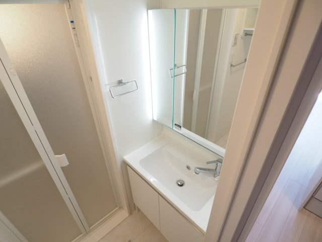 大きな三面鏡の付いた洗面所