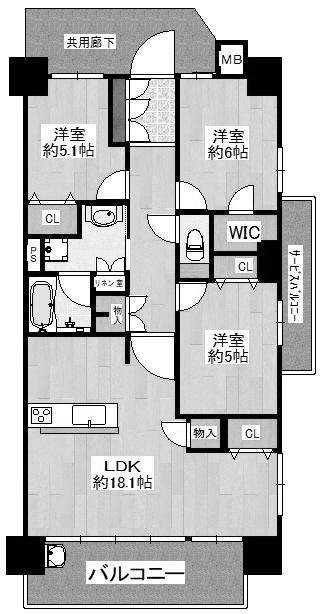 プレサンスロジェ四條畷忍ヶ丘ざテラスの間取り|3LDK