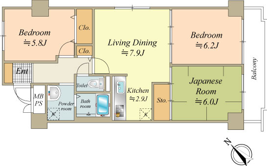専有面積63.66㎡　南東・北東・北西3方向の角住戸　全居室採光が確保された、通風良好な角住戸