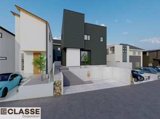 【外観パース】 | 宇治市広野町桐生谷　売土地　建築条件付き | 参考プランになりますので、お客様のお好みの外観を一緒に作らせていただきます。外壁には、メンテナンスが楽な光セラを採用しており、汚れがつきにくく、色あせもしにくいのでおススメです！