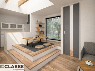 【完成予想図】 | 宇治市広野町桐生谷　売土地　建築条件付き | 標準仕様（アトリエスタイルハウス仕様）で断熱材は気密性、断熱性能も高い、吹付断熱を採用。屋根断熱を実現していますので、お家全体が冬はあったかく、夏は涼しいお家づくりが可能です。