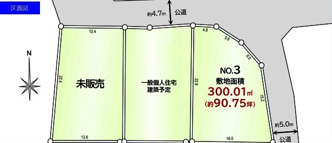 坂戸市横沼　建築条件なし売地　「若葉駅」3.6ｋｍ　敷地90坪　【三芳野小学区】の区画図