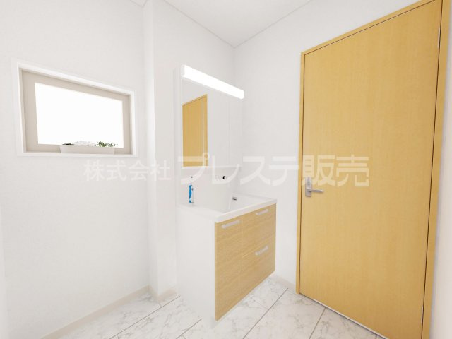 奈良市北登美ヶ丘６丁目の新築一戸建 全９区画の洗面所|８号地洗面完成イメージ／シャワー付き洗面化粧台