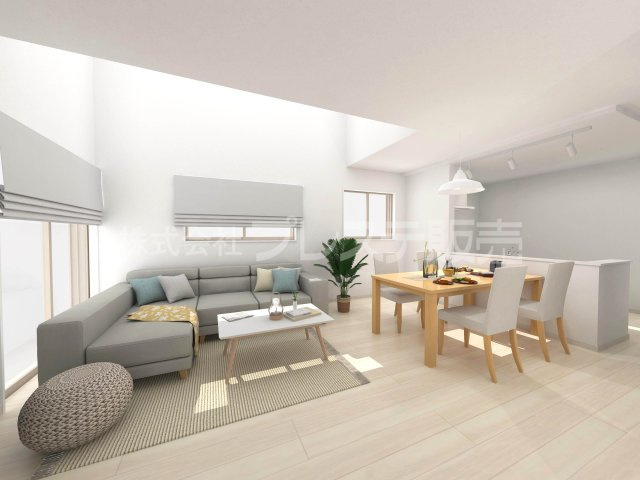 奈良市北登美ヶ丘６丁目の新築一戸建 全９区画の居間・リビング|９号地リビング完成イメージ／吹き抜けのあるＬＤＫは広々１８帖！南向きですので、陽あたり良好です♪