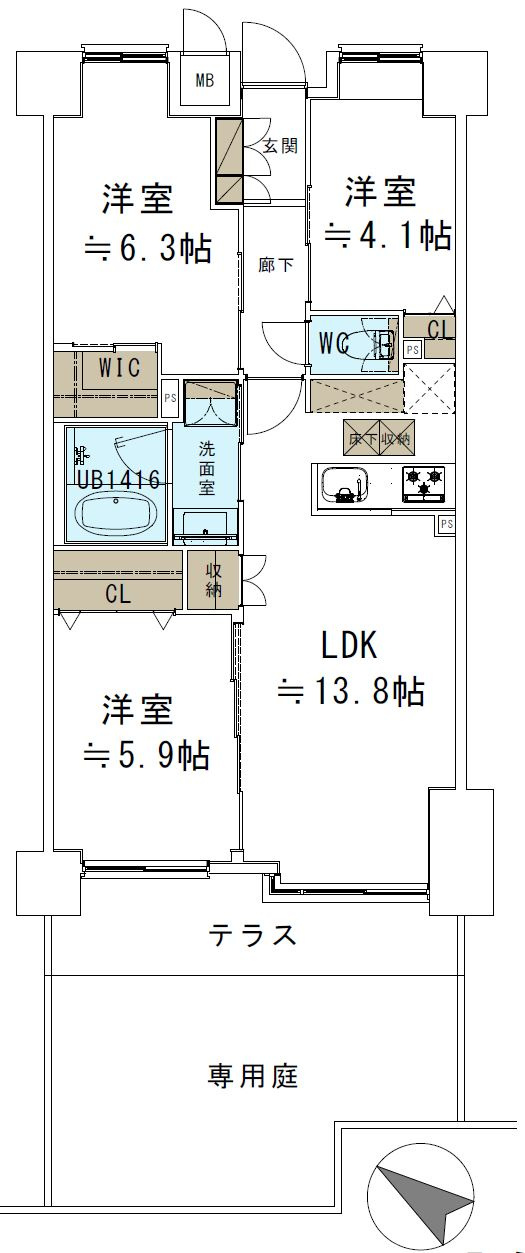 【間取り】 | ファミール亀有弐番館 | 3LDK+WIC+テラス＋専用庭　価格4,190万円　専有面積64.75㎡　テラス面積7.89㎡　専用庭24.00㎡