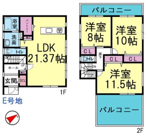 LDK21帖以上アリ　眺望良好　西朝霧丘全6区画　E号地の間取り