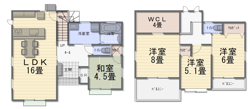 鴨部B号地　中古戸建（未入居）の間取り|1F:16LDK 和4.5 2F:洋8.0 WIC4.0 洋6.0 洋5.1
バルコニー×2