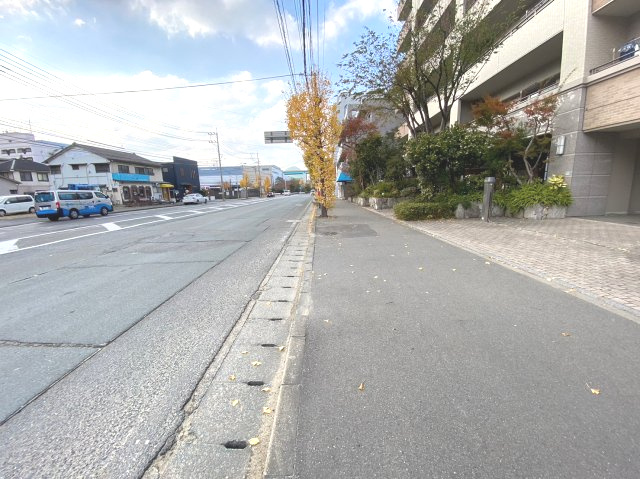 アーサー箱崎宮前の周辺|前面道路の様子、エントランスの前に郵便ポストもあります。