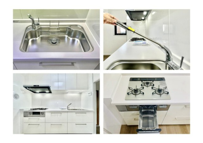 【キッチン】 | ライオンズマンションお花茶屋駅前通り | 【システムキッチン】ワイドで収納豊富な使い勝手の良いカウンターキッチンには、伸縮タイプのキッチン水栓、三ツ口コンロ・魚焼きグリルなどの便利な設備が標準完備されています。