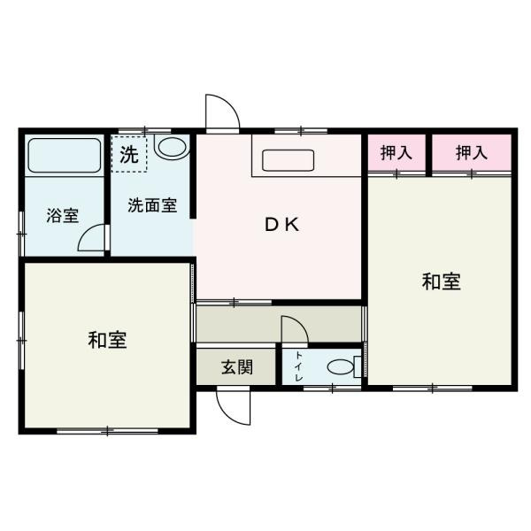 岩出市中迫　中古戸建(平屋)の間取り|2DK、土地面積75.38平米、建物面積39.06平米