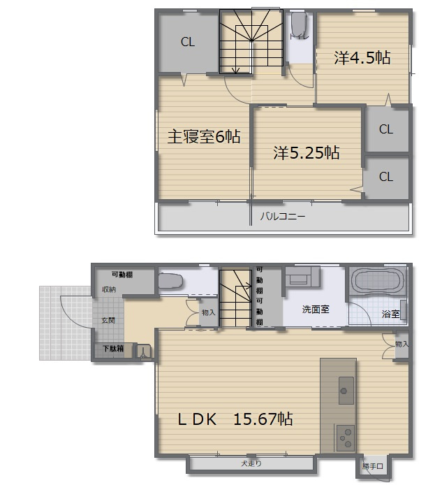 朝倉本町　新築戸建　南号地　太陽光発電5.28kw（全3区画）の間取り|南号地　3LDK   価格　3,980万円、建物面積　84.44㎡　（約25.54坪）