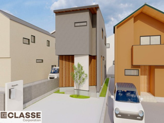 【外観パース】 | 城陽市平川長筬　売土地　建築条件付き | 参考プランになりますので、お客様のお好みの外観を一緒に作らせていただきます。外壁には、メンテナンスが楽な光セラを採用しており、汚れがつきにくく、色あせもしにくいのでおススメです！