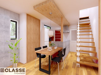 【完成予想図】 | 城陽市平川長筬　売土地　建築条件付き | アトリエスタイルハウス仕様の窓はペアガラス、サッシはアルミ×樹脂複合のハイブリットサッシを採用。ガラスの間には断熱性の高いアルゴンガスを充填しておりますので、より断熱性能が高まる仕様になっております。