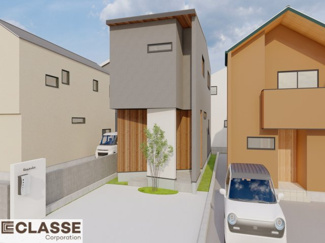 【外観パース】 | 城陽市平川長筬　売土地　建築条件付き | 標準仕様（アトリエスタイルハウス仕様）で断熱材は気密性、断熱性能も高い、吹付断熱を採用。屋根断熱を実現していますので、お家全体が冬はあったかく、夏は涼しいお家づくりが可能です。