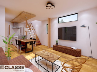 【完成予想図】 | 城陽市平川長筬　売土地　建築条件付き | アトリエスタイルハウス仕様の窓はペアガラス、サッシはアルミ×樹脂複合のハイブリットサッシを採用。ガラスの間には断熱性の高いアルゴンガスを充填しておりますので、より断熱性能が高まる仕様になっております。