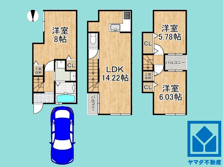 伏見区羽束師菱川町　新築戸建の間取り|駐車スペース確保。玄関のそばで荷物の上げ下ろしができるので便利です。