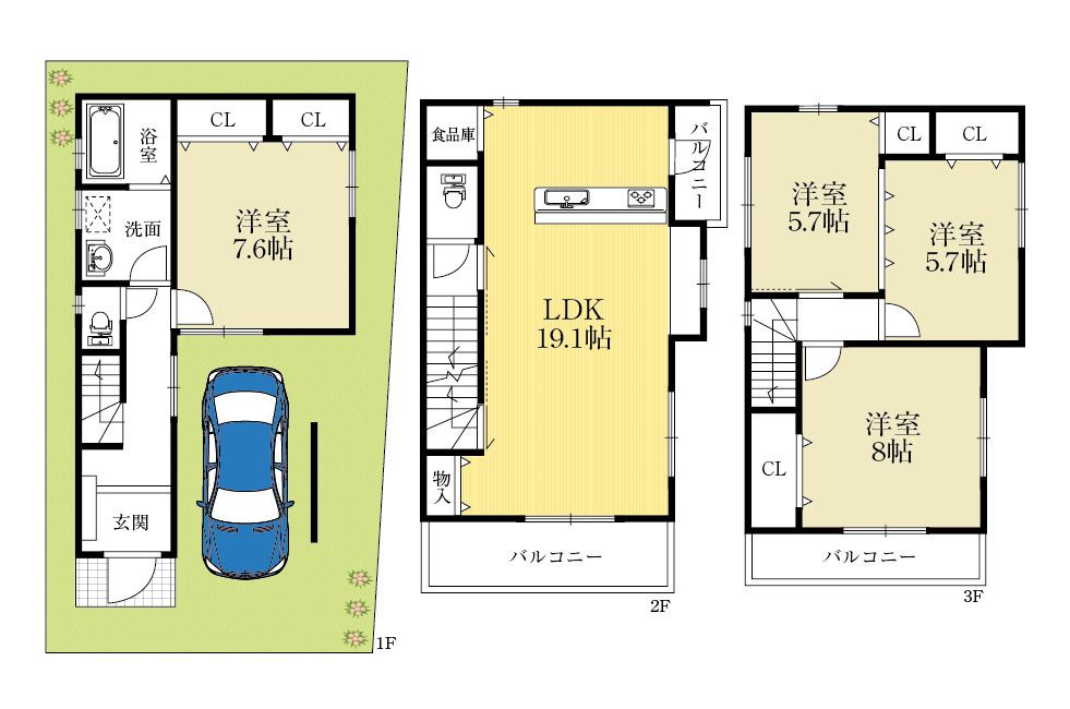 【建築条件付き土地】サン・タウン幾野6丁目の土地図＋建物プラン例|■間取りは自由設計対応です。お客様のご要望の間取りを形にします♪♪
※建物プラン例　建物価格2000万円、建物面積約105ｍ2♪♪