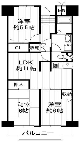 【間取り】 | ユニ宇治マンション1号館 | 専有面積 65.46㎡