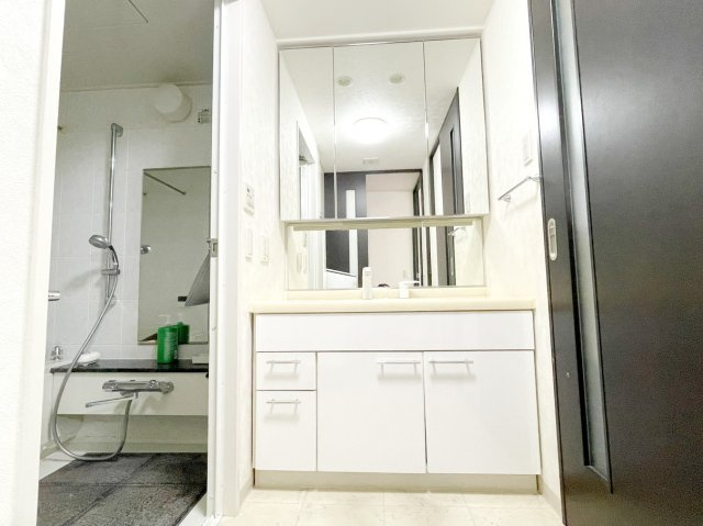 ロイヤル神戸北野通りの独立洗面台|清潔感のある洗面台です。フラットな鏡は掃除がしやすく毎日清潔！鏡裏には収納があるのでスッキリとした洗面台が保てます。